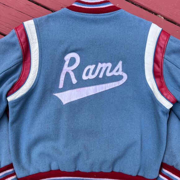 True Vintage Rams Brad Varsity Jacket School Letterman Blue Shoulder Stripe Wool - Picture 6 of 16